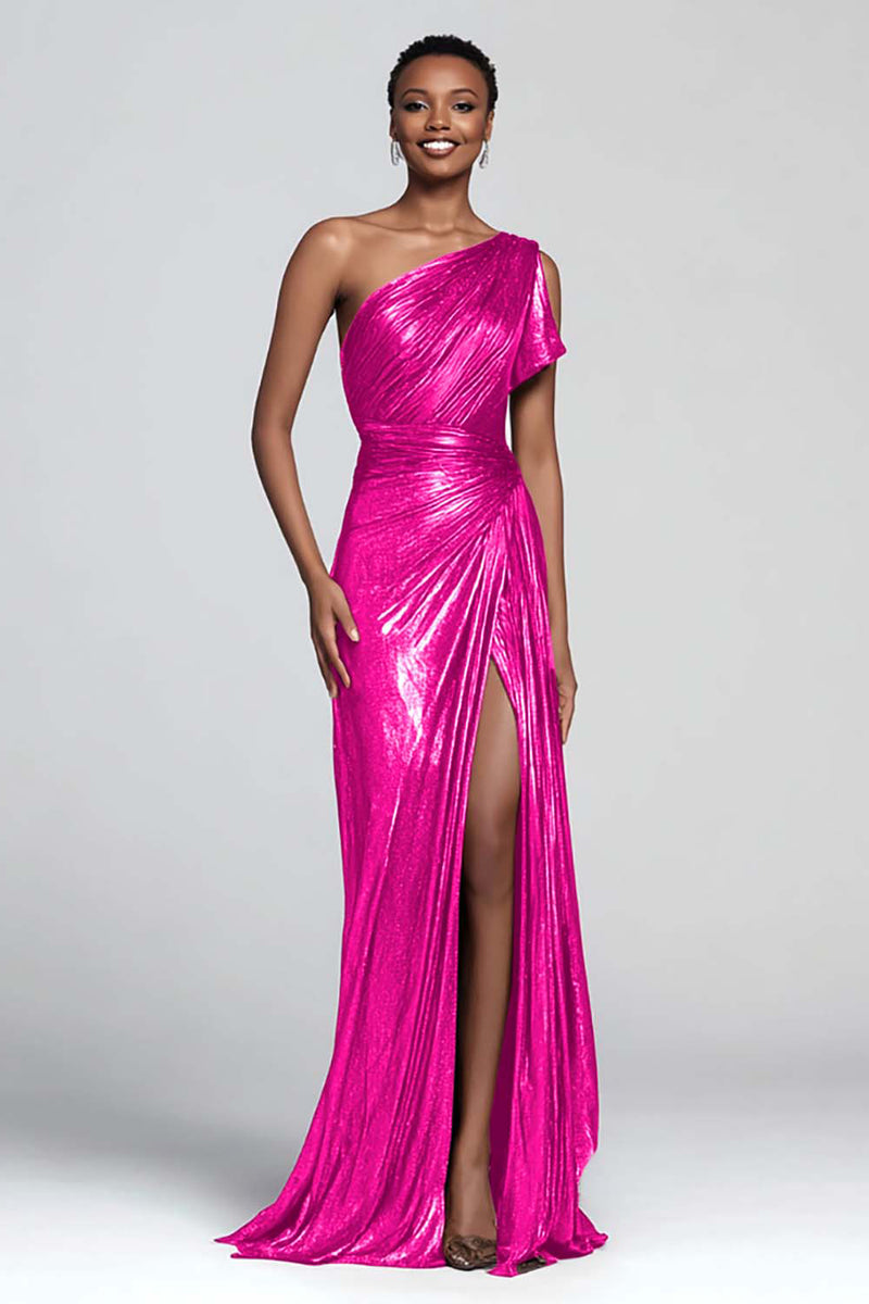 Load image into Gallery viewer, Sparkly Brown Mermaid One Shoulder Metallic Long Formal Dress with Slit