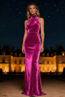 Load image into Gallery viewer, Purple Halter Neck Mermaid Long Velvet Holiday Party Dress