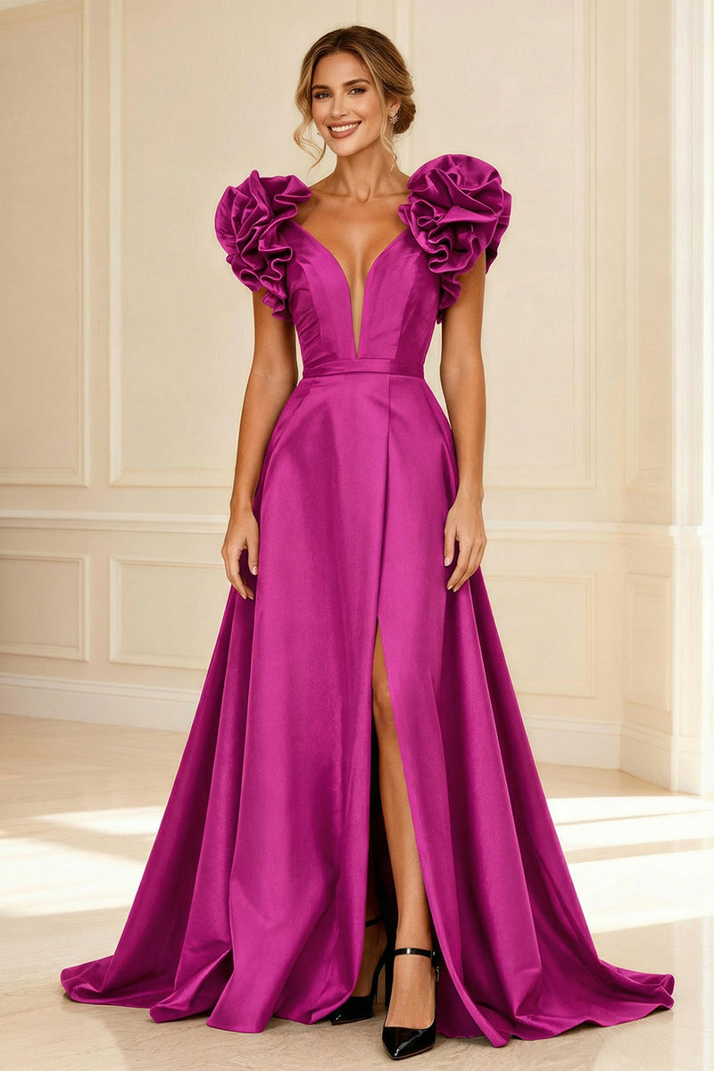 Load image into Gallery viewer, Black V-Neck A-Line Long Mother of the Bride Dress with Ruffles