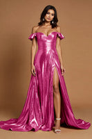 Load image into Gallery viewer, Golden A Line Metallic Ruffled Maxi Prom Dress with Slit