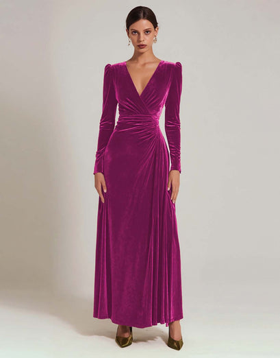 Olive A Line V-Neck Velvet Long Holiday Party Dress with Sleeves