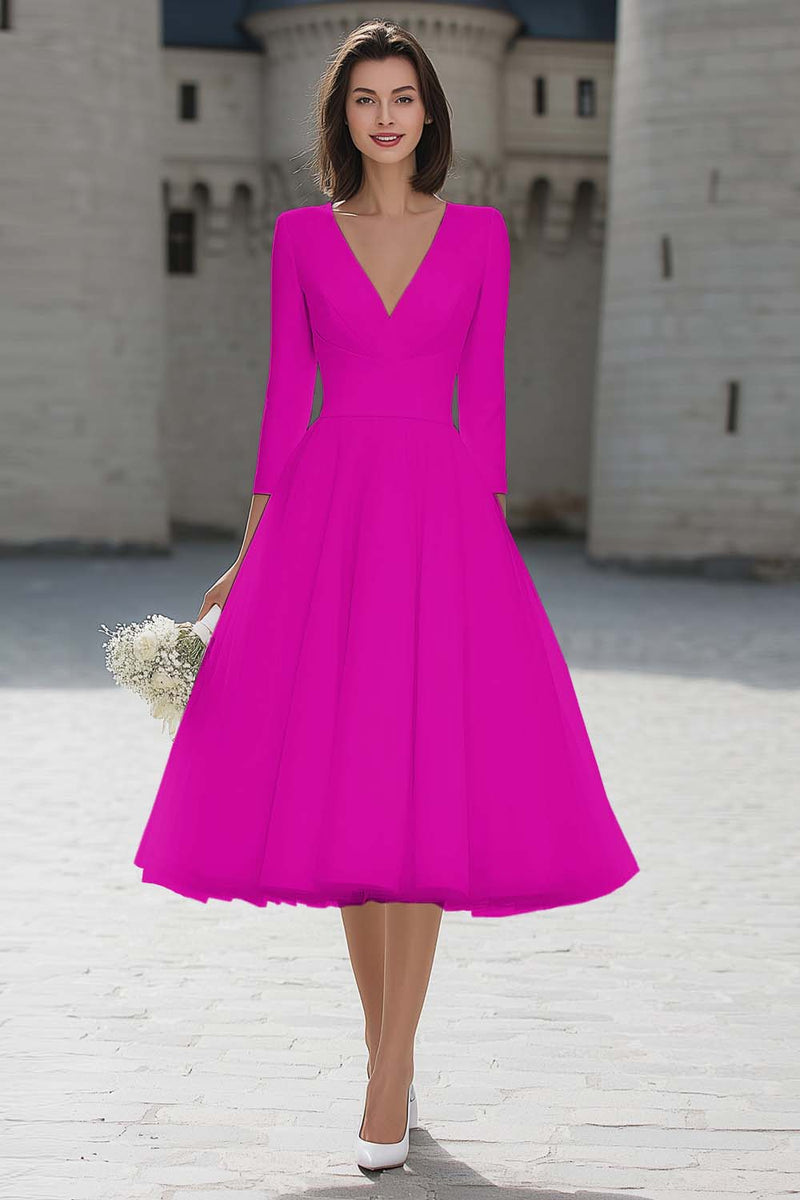 Load image into Gallery viewer, Ivory A Line V-Neck Midi Wedding Dress with Sleeves