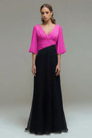 Load image into Gallery viewer, Black and White Ruched Chiffon Maxi Formal Dress with Sleeves