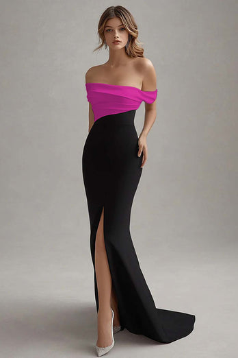 White Long Off the Shoulder Sheath Black Tie Dress with Slit