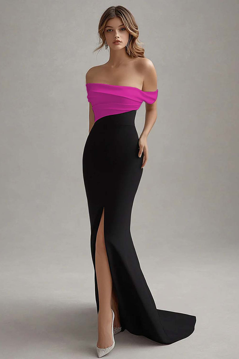 Load image into Gallery viewer, White Long Off the Shoulder Sheath Black Tie Dress with Slit