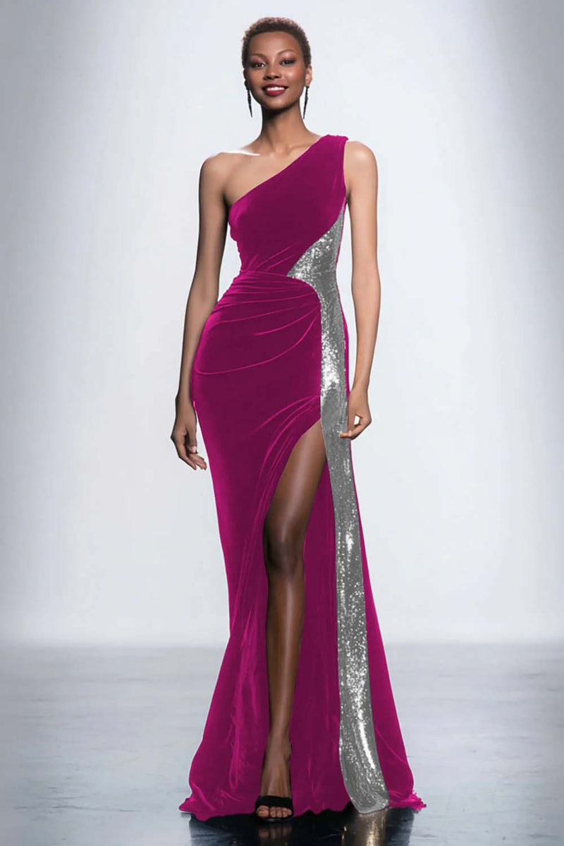 Load image into Gallery viewer, Black Velvet One Shoulder Mermaid Maxi Holiday Party Dress with Sequins