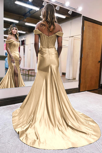 Queendancer Sparkly Golden Beaded Mermaid Long Prom Dress with Slit _2