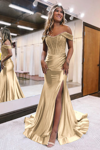 Queendancer Sparkly Golden Beaded Mermaid Long Prom Dress with Slit _1
