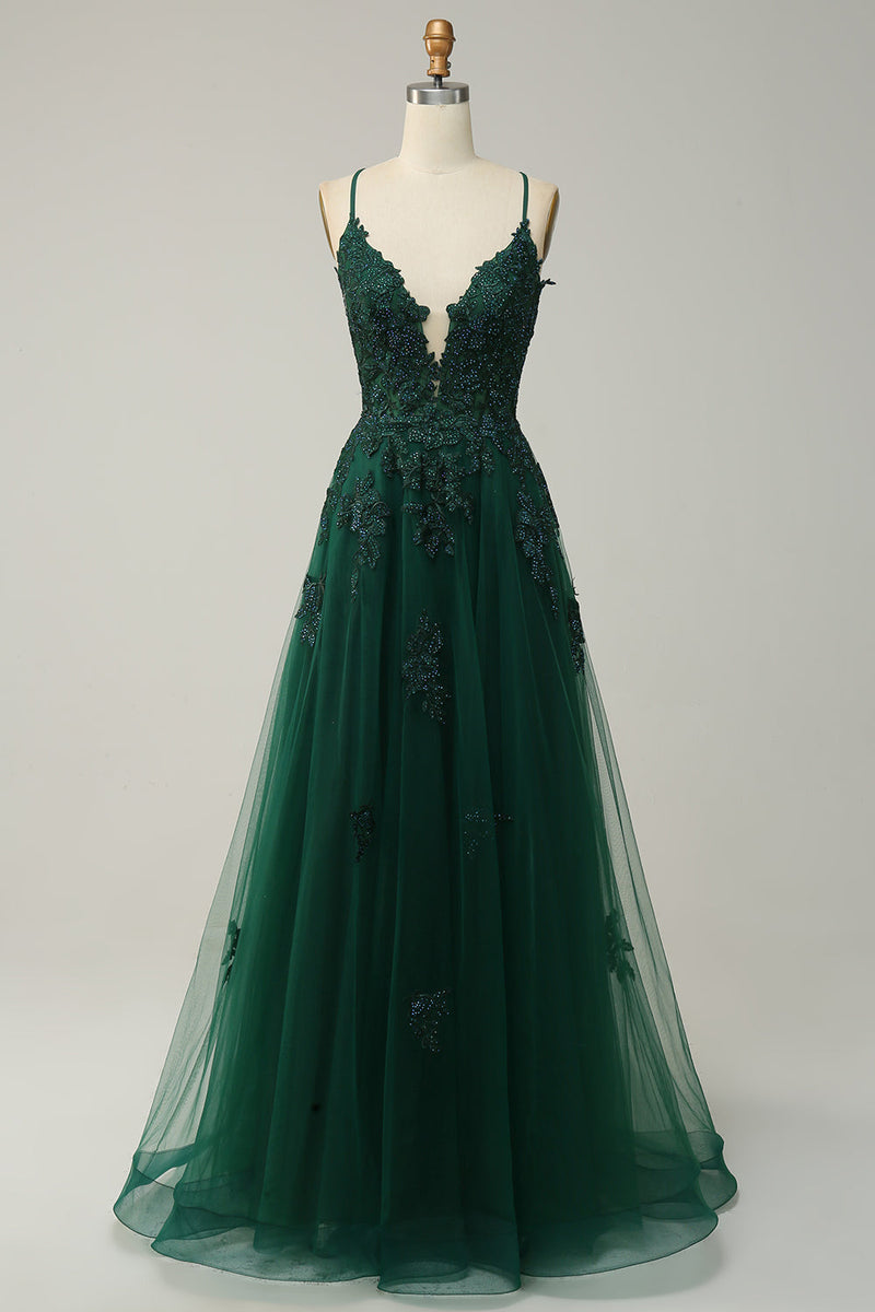 Load image into Gallery viewer, Spaghetti Straps Dark Green Lace-Up Back Long Prom Dress with Appliques