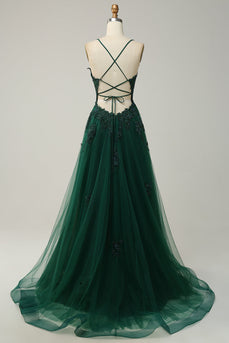 Spaghetti Straps Dark Green Lace-Up Back Long Prom Dress with Appliques