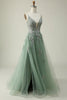Load image into Gallery viewer, Spaghetti Straps Dark Green Lace-Up Back Long Prom Dress with Appliques