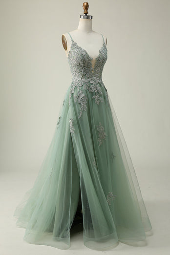 Spaghetti Straps Dark Green Lace-Up Back Long Prom Dress with Appliques