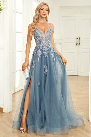 Spaghetti Straps Grey Blue Lace-Up Back Long Prom Dress with Appliques