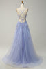 Load image into Gallery viewer, Spaghetti Straps Grey Blue Lace-Up Back Long Prom Dress with Appliques