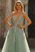 Load image into Gallery viewer, Spaghetti Straps Green A Line Long Prom Dress with Appliques