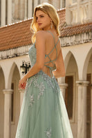 Load image into Gallery viewer, Spaghetti Straps Green A Line Long Prom Dress with Appliques