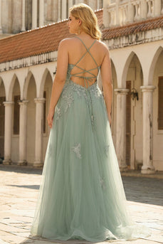 Plus Size Green Spaghetti Straps A Line Long Prom Dress with Appliques