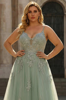Load image into Gallery viewer, Plus Size Green Spaghetti Straps A Line Long Prom Dress with Appliques