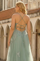 Load image into Gallery viewer, Plus Size Green Spaghetti Straps A Line Long Prom Dress with Appliques