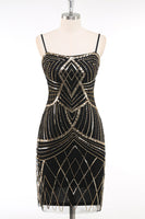 Load image into Gallery viewer, Black Golden Bodycon Spaghetti Straps Sequins 1920s Dress