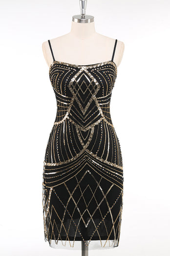 Black Golden Bodycon Spaghetti Straps Sequins 1920s Dress