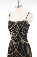 Load image into Gallery viewer, Black Golden Bodycon Spaghetti Straps Sequins 1920s Dress