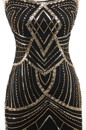 Black Golden Bodycon Spaghetti Straps Sequins 1920s Dress