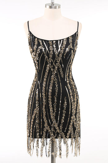 Bodycon Black Golden Sparkly Spaghetti Straps 1920s Dress
