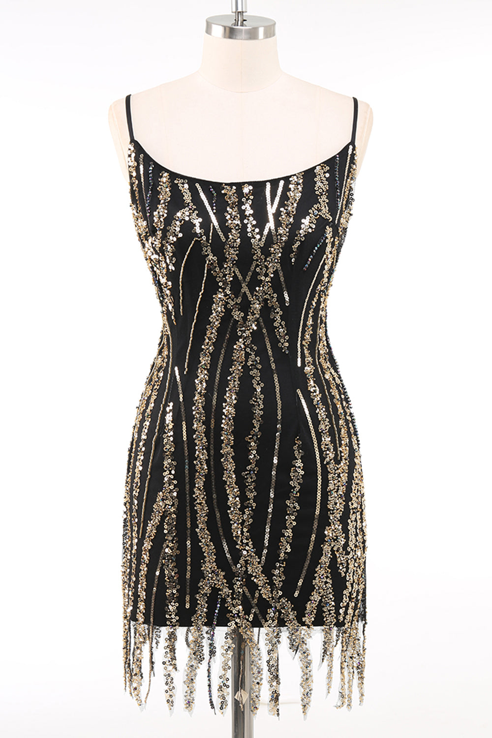 Bodycon Black Golden Sparkly Spaghetti Straps 1920s Dress
