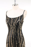 Load image into Gallery viewer, Bodycon Black Golden Sparkly Spaghetti Straps 1920s Dress