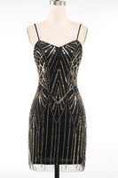Load image into Gallery viewer, Sparkly Black Golden Spaghetti Straps Bodycon Short 1920s Dress
