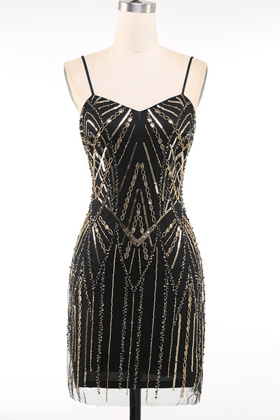 Sparkly Black Golden Spaghetti Straps Bodycon Short 1920s Dress