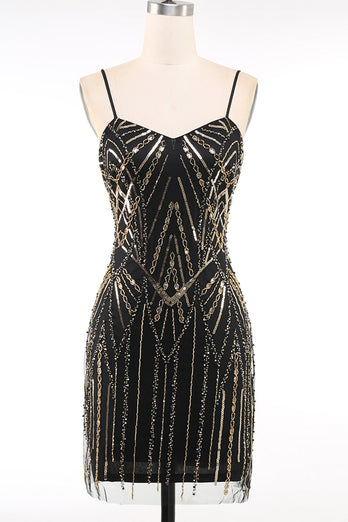 Sparkly Black Golden Spaghetti Straps Bodycon Short 1920s Dress