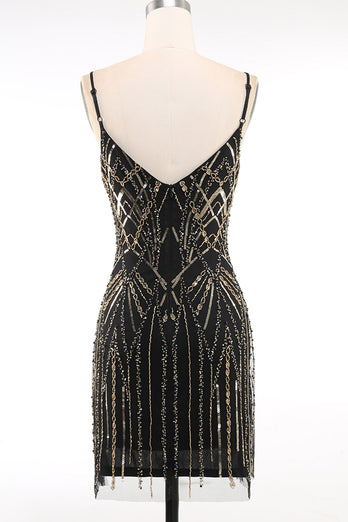 Sparkly Black Golden Spaghetti Straps Bodycon Short 1920s Dress