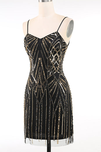 Sparkly Black Golden Spaghetti Straps Bodycon Short 1920s Dress