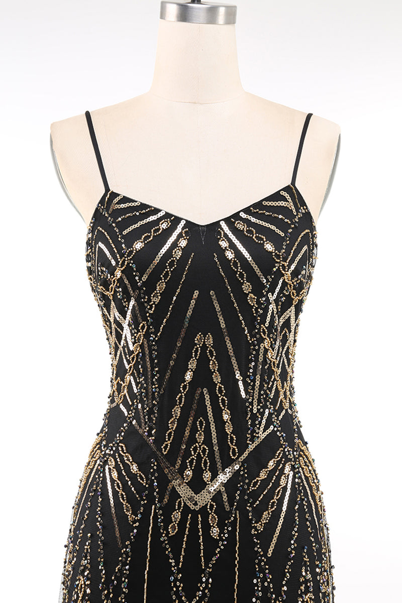Load image into Gallery viewer, Sparkly Black Golden Spaghetti Straps Bodycon Short 1920s Dress