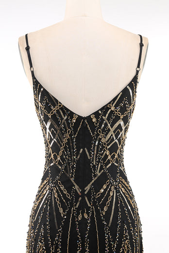 Sparkly Black Golden Spaghetti Straps Bodycon Short 1920s Dress