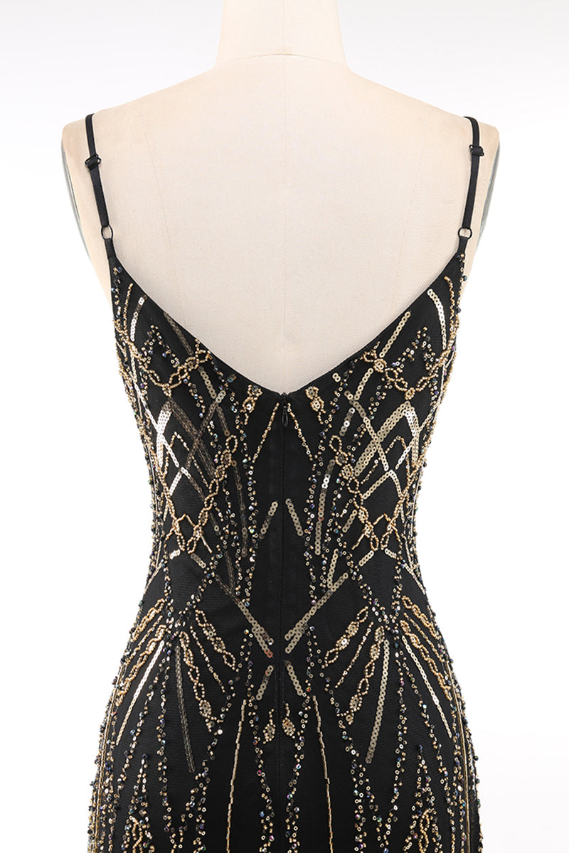 Load image into Gallery viewer, Sparkly Black Golden Spaghetti Straps Bodycon Short 1920s Dress