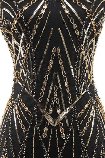 Sparkly Black Golden Spaghetti Straps Bodycon Short 1920s Dress