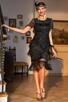 Load image into Gallery viewer, Black Red Beaded Gatsby Fringed Flapper Dress