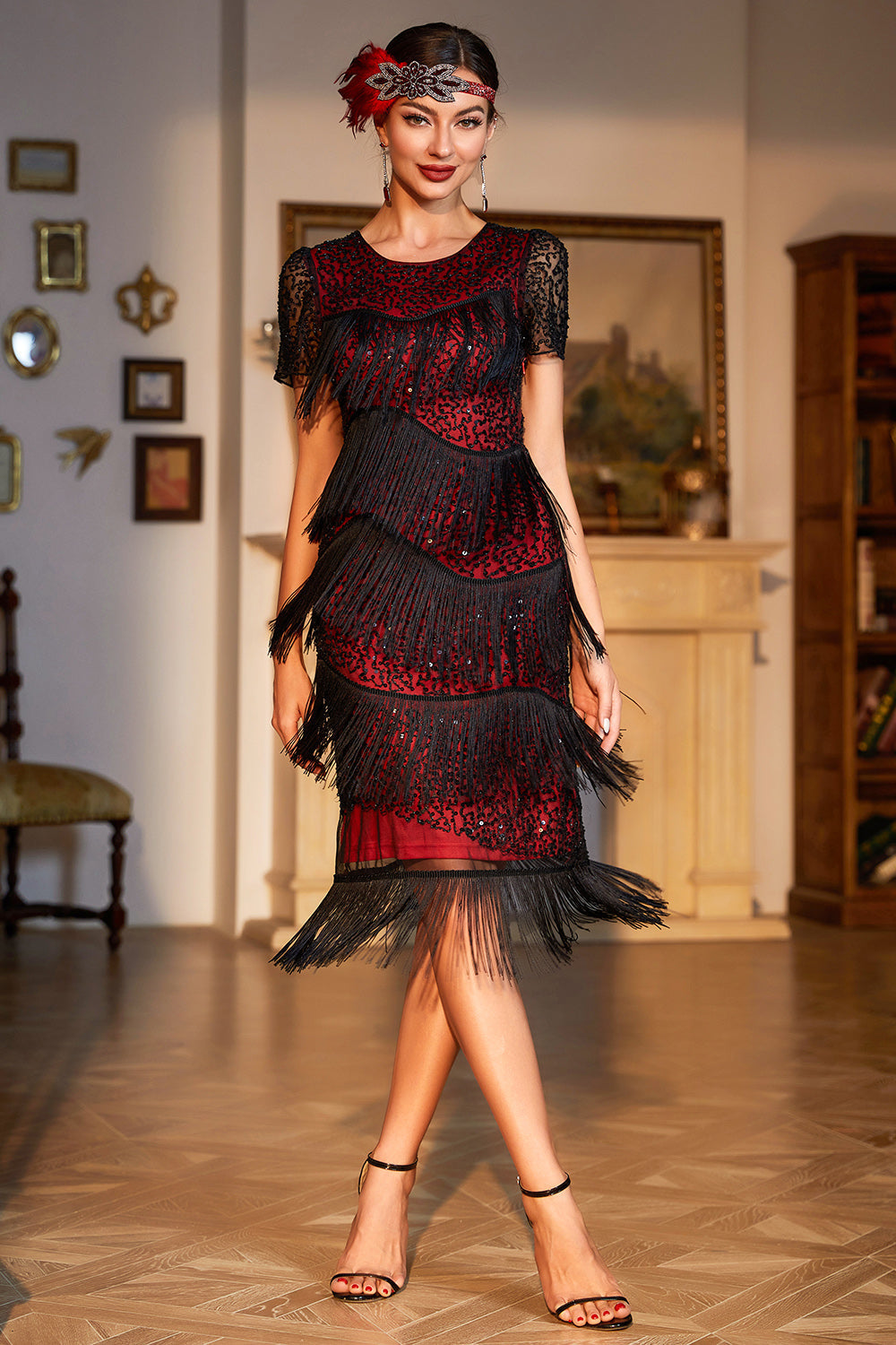 Black Red Beaded Gatsby Fringed Flapper Dress