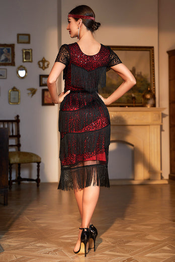 Black Red Beaded Gatsby Fringed Flapper Dress