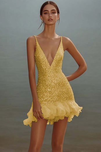 Sparkly White Bodycon Sequins V-Neck Graduation Dress with Ruffles
