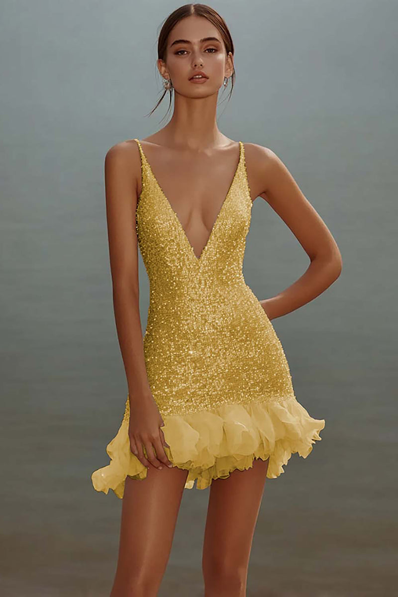 Load image into Gallery viewer, Sparkly White Bodycon Sequins V-Neck Graduation Dress with Ruffles
