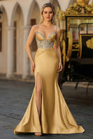 Load image into Gallery viewer, Plus Size Sparkly Dusty Blue Satin Beaded Long Corset Prom Dress with Slit