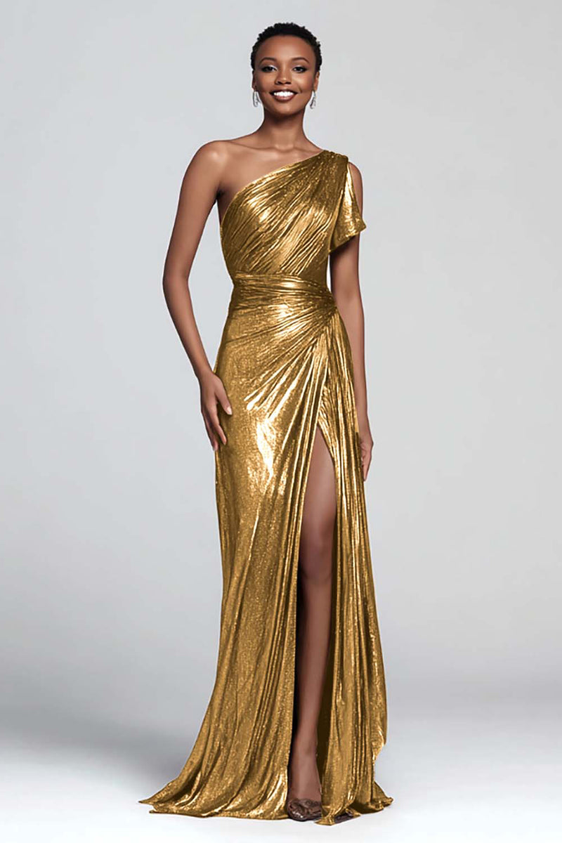 Load image into Gallery viewer, Sparkly Brown Mermaid One Shoulder Metallic Long Formal Dress with Slit