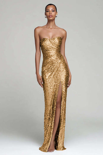 Sparkly Silver Strapless Maxi Sequin Holiday Party Dress with Slit