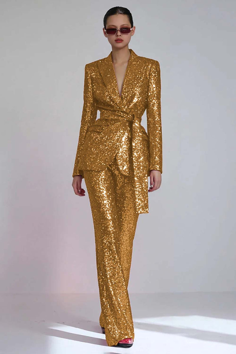 Load image into Gallery viewer, Sparkly Red Sequins 2 Piece Women Prom Suits with Sash