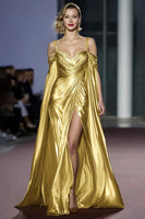 Load image into Gallery viewer, Metallic Golden Cold Shoulder Maxi Gala Dress with Slit