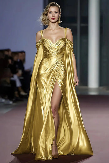 Metallic Golden Cold Shoulder Maxi Gala Dress with Slit